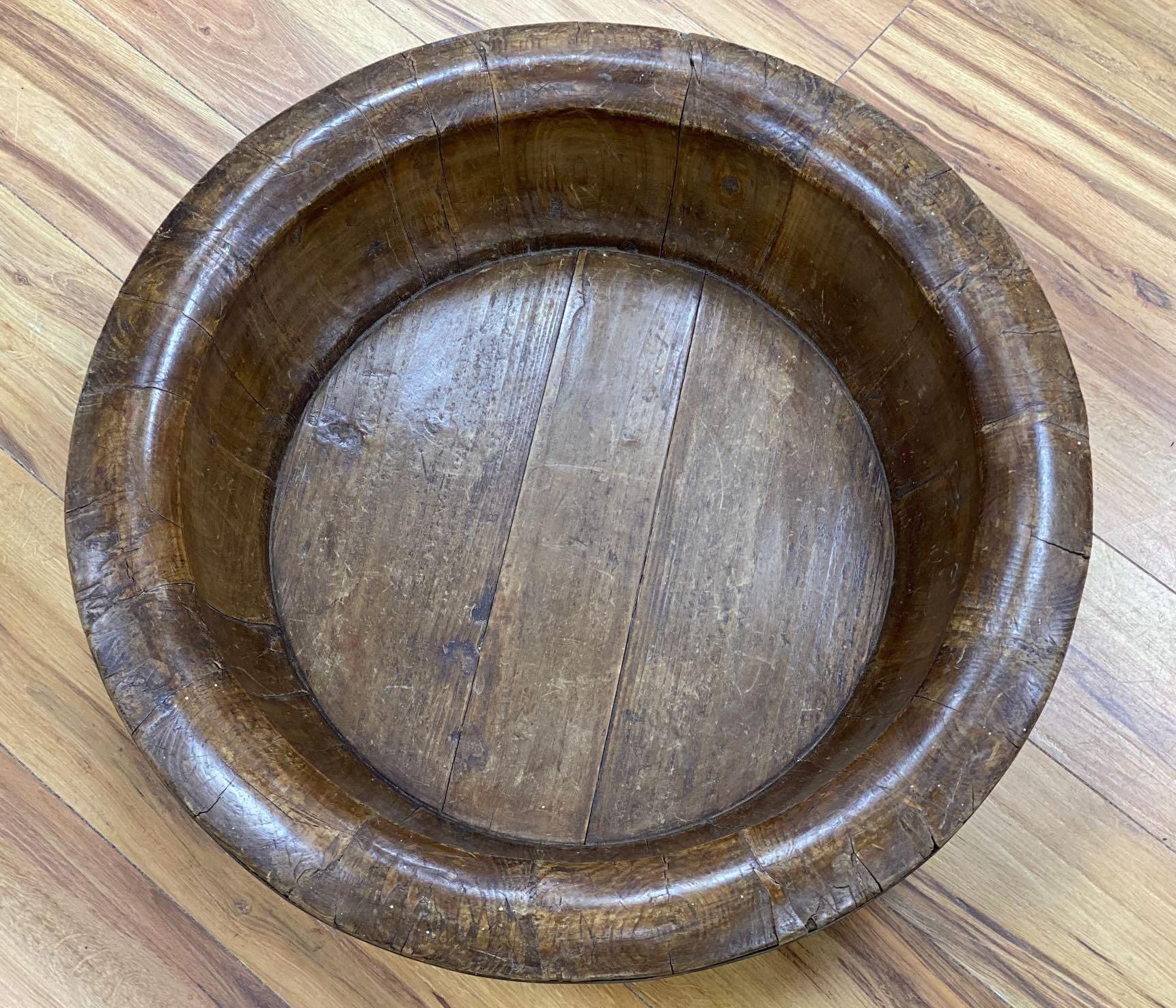 A large Eastern fruitwood coopered spice bowl, early 20th century, diameter 68cm